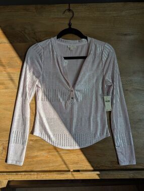 Pilcro Sweater Womens S Pink Silver Metallic Long Sleeve Crew Neck Button Front